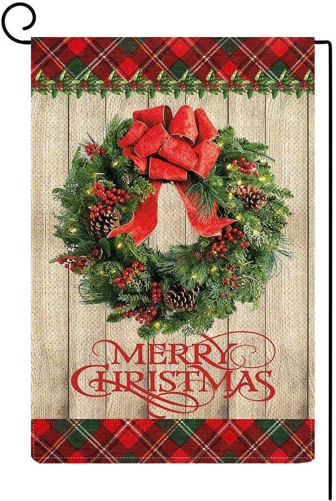 Baccessor Merry Christmas Garden Flag Coniferous Wreath Small Buffalo Plaid Wooden Vertical Double Sided Burlap Rustic Farmhouse Winter House Home Lawn Yard Outside Decoration 12.5 x 18 Inch