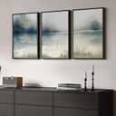 Framed Abstract Landscape Wall Art, 3 Piece Blue Watercolor Canvas Prints Paintings Artwork for Walls, Misty Lake Mountain Nature Pictures for Living Room Dining Room Bedroom Wall Decor 16x24 In