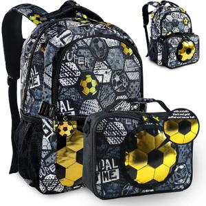 Decorably 2pc Set Soccer School Backpack for Boys with Lunch Bag with Metallic Black and Gold Design, Multi-Compartment, Water-Resistant - Back to School Gift for Kids, Toddler, Preschool, Elementary, 11.8x5.1x16.5 Inches