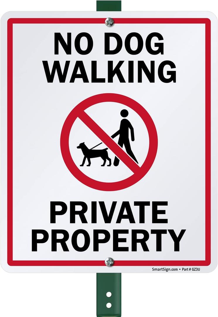 SmartSign 12 x 10 inch No Dog Walking - Private Property LawnBoss Yard Sign with 3 foot Stake, 40 mil Laminated Rustproof Aluminum, Red, Black and White, Set of 1, Made in USA