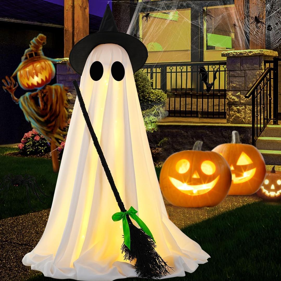 Halloween Decorations Indoor Outdoor, Spooky Ghost Halloween Decor with Witch Broom, Scary Ghosts Decor with LED Lights for Front Porche Yard Garden Home (1Pack) Ghost with Broom