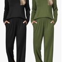 Ekouaer 2 Pack Womens Ribbed Knit Pajama Sets V Neck Soft Lounge Sets Long Sleeve PJs Loose Matching Outfits Set, M