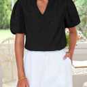 ZESICA Women's Summer Short Puff Sleeve Shirts 2025 V Neck Casual Hollow Out Lace Embroidered Blouse Tops (Black, S)