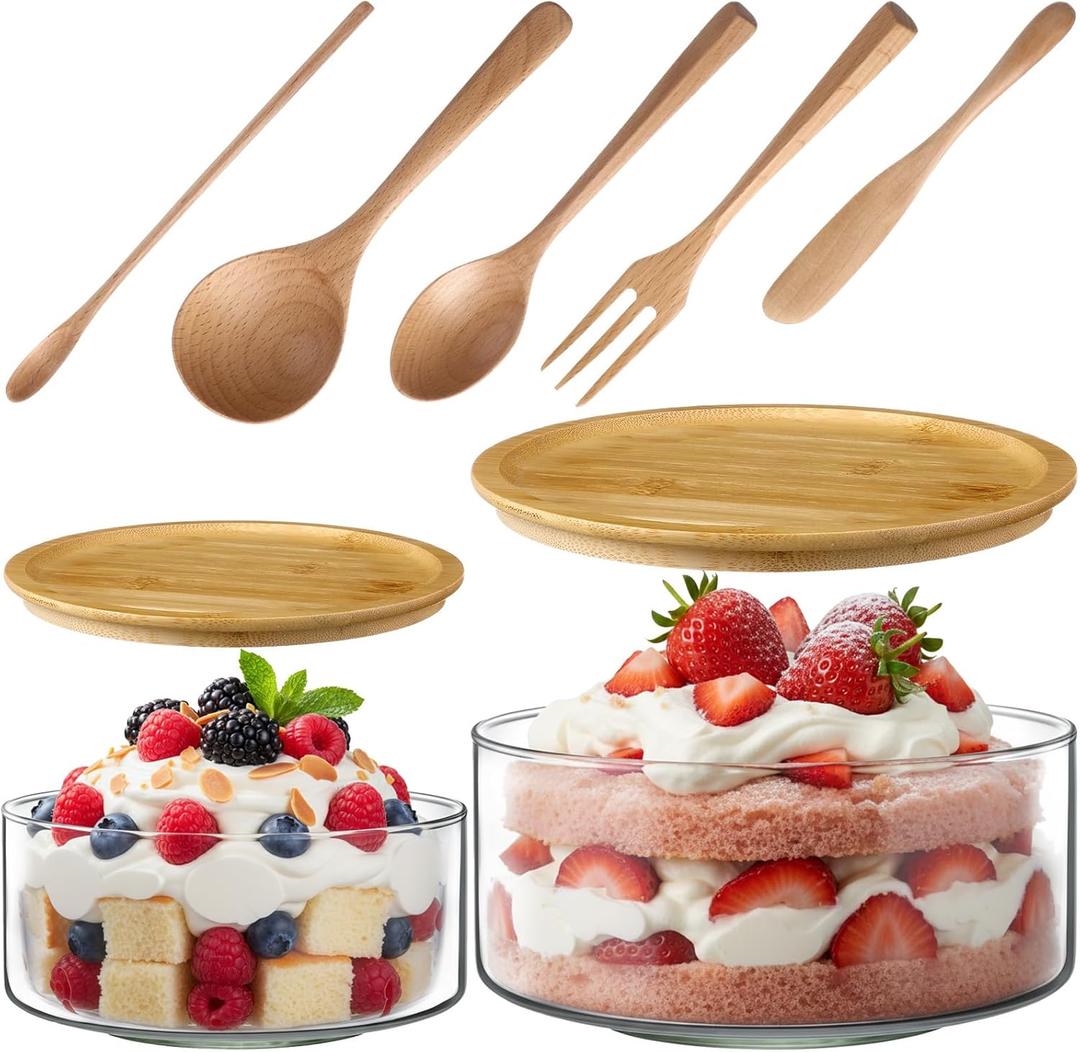 Qinyoung 2 Pack Large Trifle Bowls with Lids 9 Inch and 6.9 Inch Clear Glass Large Salad Bowl for Cake, Baking, Dessert, Fruit and Party DIY with 5 Pcs Wood Serving Utensils, Microwave Dishwasher Safe