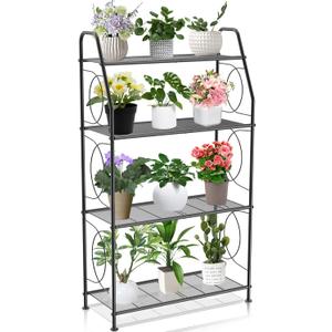 Plant Stand, 4 Tier Plant Shelf for Indoor Outdoor, Heavy Duty Metal Tall Plant Stands Holder Rack for Living Room Balcony and Garden, Black