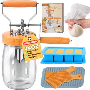TeeMars Butter Churner - Upgraded Hand Crank Mason Jar Butter Churn, 34oz Butter Churn Kit with 14 Recipe, Butter Paddle, Butter Mold with Lid, Cheese Cloth, Anti-slip Mat, Homemade Butter in 15Min