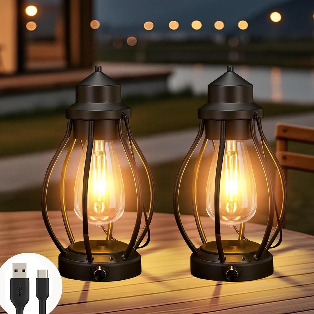 pearlstar Rechargeable Camping Lanterns 2 Pack Black Portable LED Decorative Lamps Outdoor Indoor Battery Operated/USB-C Charge, Dimming Edison Blub light with Timer, for Table Patio Garden Yard Porch