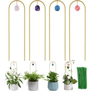 Plant Trellis for Climbing Plants, 15.75 inch Garden Small Metal Arch Glod Trellis for Potted Plants Indoor Outdoor with Natural Stone Decor for Vine Ivy Flower Support 4 Pack (Gold)