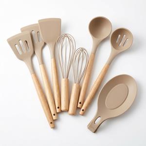 11 pcs Silicone Kitchen Utensil Set with Wooden Handles (Neutral Taupe)