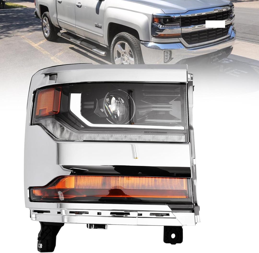 SHINESELL Headlight Assembly Fit for 2016-2018 Chevy Silverado 1500/ 2019 Silverado 1500 LD, HID/ Xenon Headlamp with LED DRL OE Style Chrome Bezel Replacement Left Driver Side No Bulbs