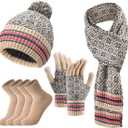 Tarpop 5 in 1 Women Knitted Beanie Hat Scarf Gloves Socks Winter Soft Warm Set Thickened Lining Cap Touchscreen Gloves