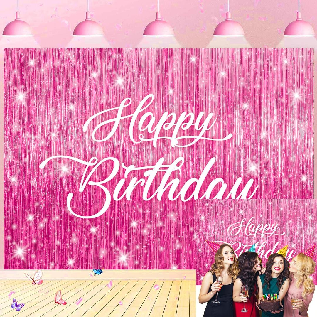 Pink Flash Happy Birthday Backdrop Pink Metallic Tinsel Foil Fringe Curtain Flash Photo Photography Background Birthday Wedding Engagement Baby Shower Holiday Party Decoration 7x5FT