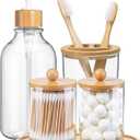5 Pack Bamboo Bathroom Accessories Set with Tray - Plastic Soap Dispenser Clear Toothbrush Holder and 2 Qtip Holder Cotton Ball Container Jar