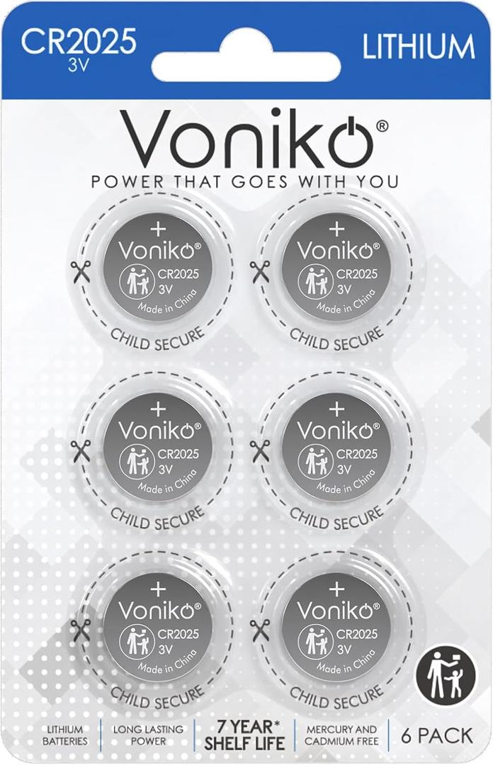 Voniko CR2025 3V Lithium Batteries 6 Pack for Child Safety, Compatible with Remotes, Key Fobs, Watches, Calculators - 7 Years Shelf Life