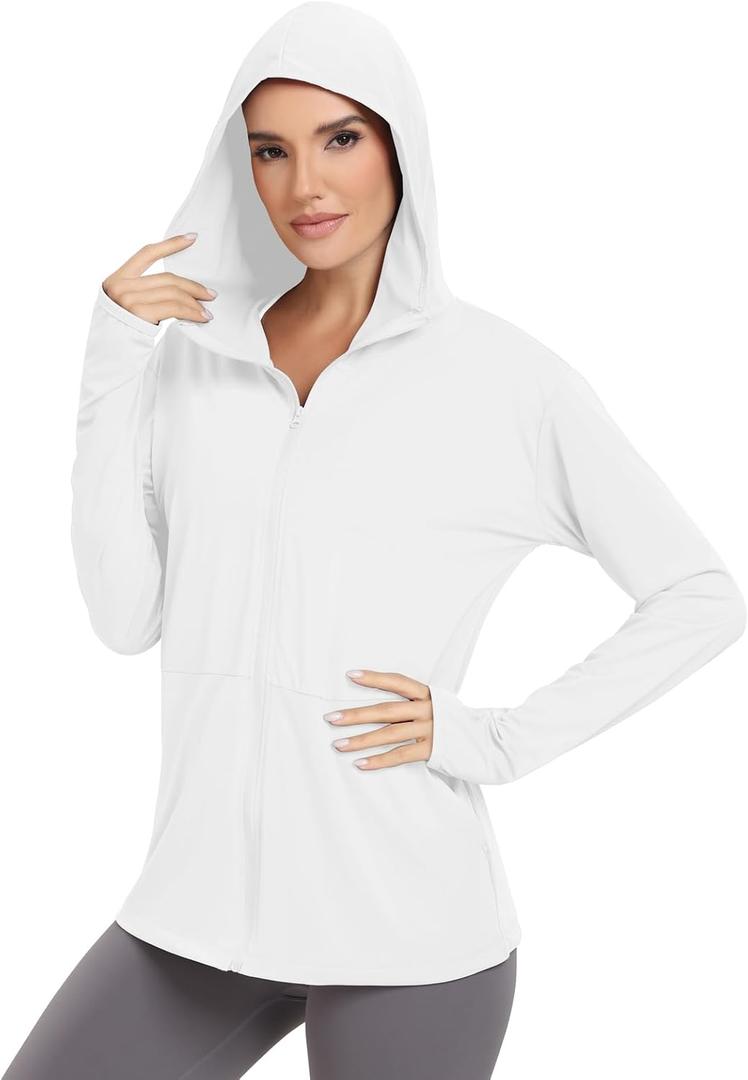 VUTRU Women's UPF 50+ Sun Protection Hoodie Jacket Lightweight Long Sleeve Sun Shirt UV Hoodie with Pocket (White, L)