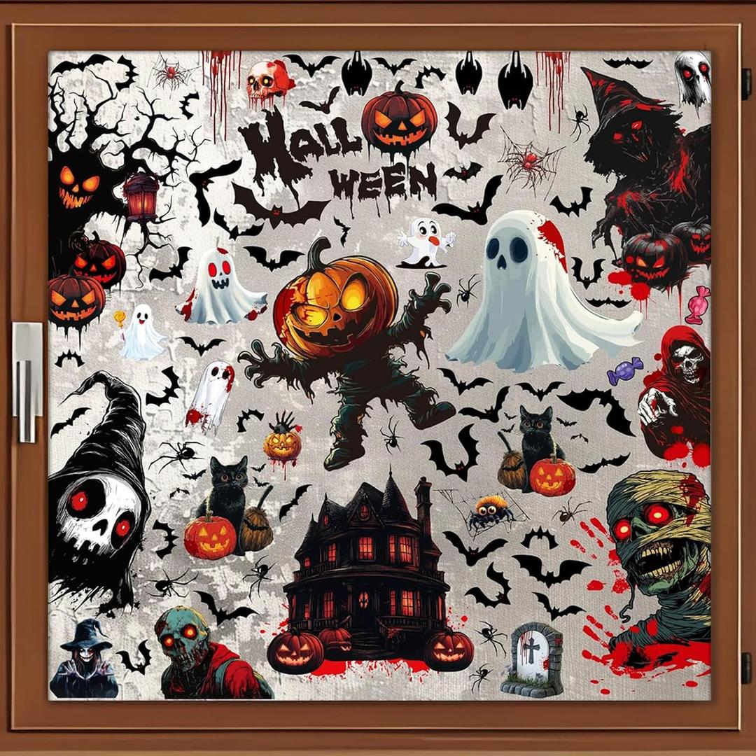 8 Sheets Halloween Window Clings Bat Ghost Creative Pumpkin Horror Skeleton Window Decorations Stickers for Halloween Indoor Party Decorations