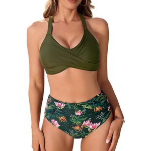 Uikue Women's Two Piece Swimsuits Full Coverage Bikini Set Tummy Control Bathing Suit Push Up V Neck Twist Front Swim Suits 2 XL, Green
