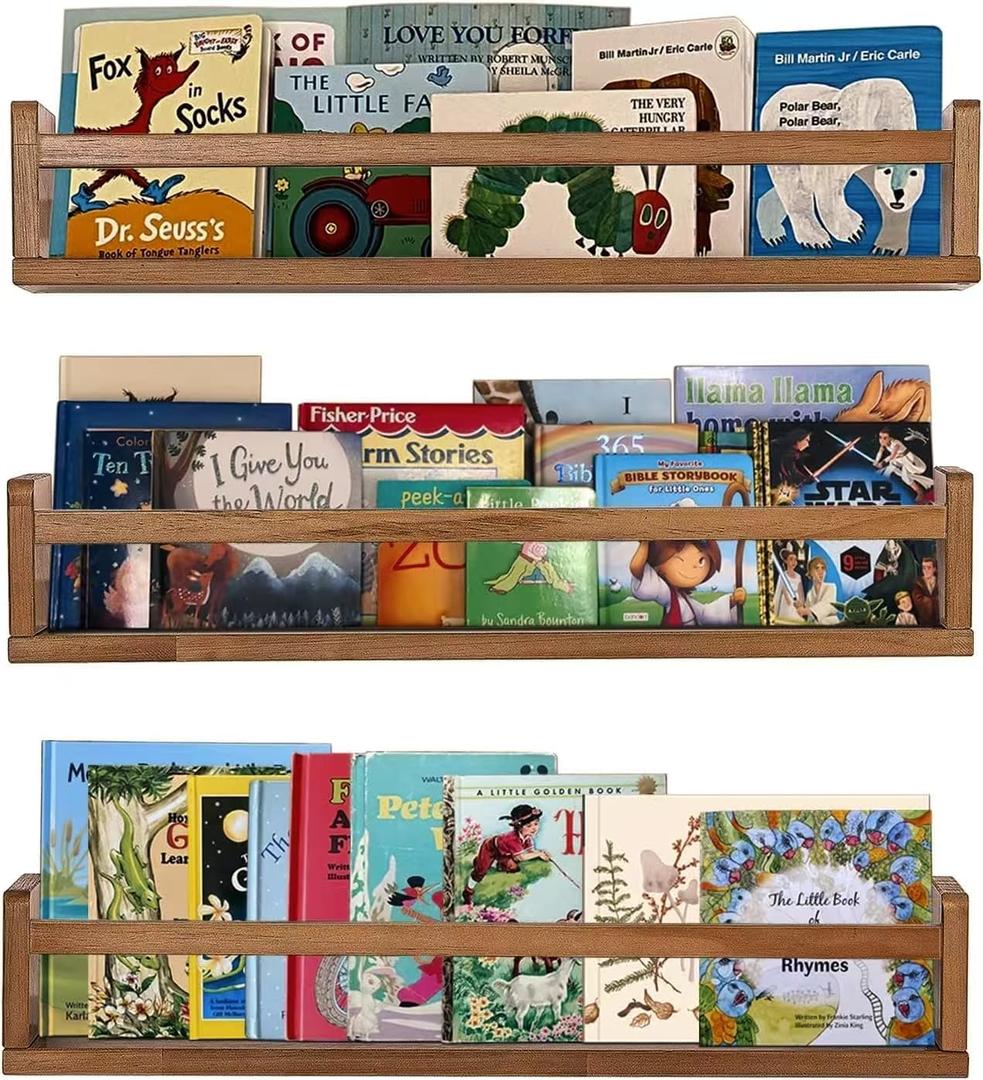 AZSKY Nursery Shelves Light Walnut Floating Book Shelf Organizer for Baby Nursery Dcor Wall Book Shelves for Kids Room 24 Inch Wood Wall Ledge Shelves for Bathroom Kitchen Spice Rack a Set of 3