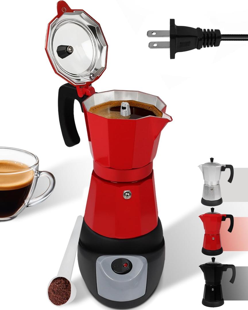 Electric Moka Pot with Detachable Base Aluminum Espresso Maker 10oz 6 Cup 300ml Red Italian Coffee Maker for Kitchen Home 110V