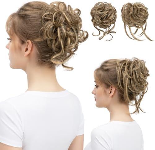 SARLA 2PCS Messy Bun Hair Pieces for Women Wavy Curly Synthetic Hairpieces for Updos with Tendrils Fake Scrunchies Ponytail Extension Bernstein
