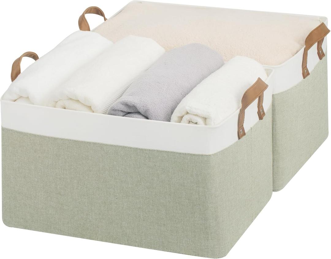 StorageWorks Storage Bins, Shelves Baskets for Organizing, 45L Extra Large Fabric Closet Organizers with Handles, Metal Frame, Green and White, 2-Pack