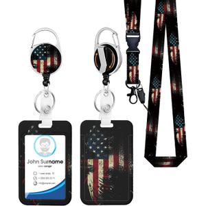 American Flag Design with ID Badger Holder Teacher Lanyard Work Badge with Belt Clip Keychain Necklace Retractable Keychain Heavy Duty Reel Clip Vertical ID Card Protective Case