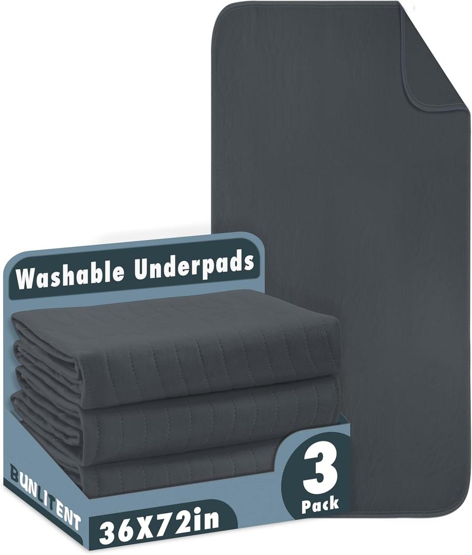 Bunlitent Washable Underpads, 36" x 72", 3 Pack, Grey, Heavy Absorbency Reusable Bedwetting Incontinence Pads for Kids, Adults, Elderly and Pets, Waterproof Protective Pad for Bed, Couch, Sofa, Floor (Gray)