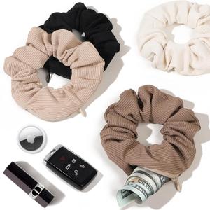 Pocket Scrunchies Hair Ties with Hidden Zipper Stash Scrunchy Ponytail Holder (1 Count (Pack of 4), Hot Color)