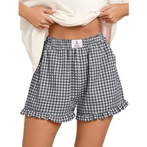 ANRABESS Boxer Shorts for Women,Gingham Plaid Elastic Waist Ruffle,Perfect for Lounge,Pajama&Sleep,Cute Casual Summer Bottoms (M)