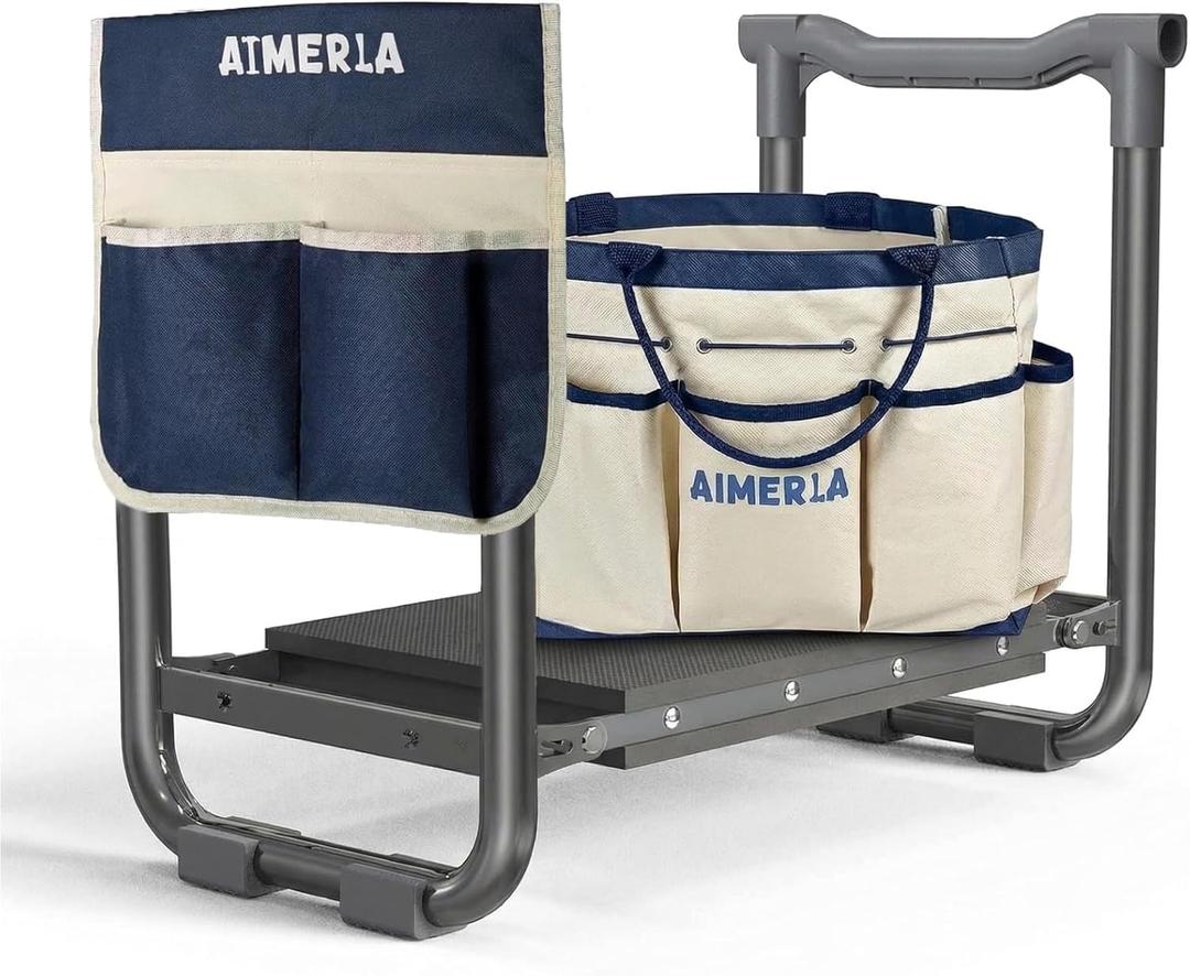 Aimerla Foldable Garden Kneeler Seat Heavy Duty [Upgraded Widened Thick Kneeling Pad] Garden Stool with Large Garden Tool Bags with Pockets - Portable Garden Bench Gardening Gifts for Parents, K3-blue