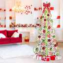 Pre Lit Pop Up Christmas Tree with Lights, 6FT Flocked Pre Decorated Collapsible Christmas Tree with Ribbons, Christmas Ornaments, Bow, Pouch for Home Office Party Holiday Decor