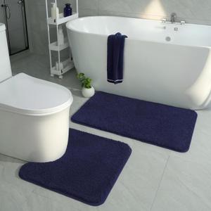 HOMORE Bathroom Rug Set 2 Piece,Soft Absorbent Bath Mats Set,Machine Washable Navy Blue Bath Rug Sets for Bathroom Non Slip,(21"x34"+21"x21") Plush Shaggy U Shape Contour Toilet