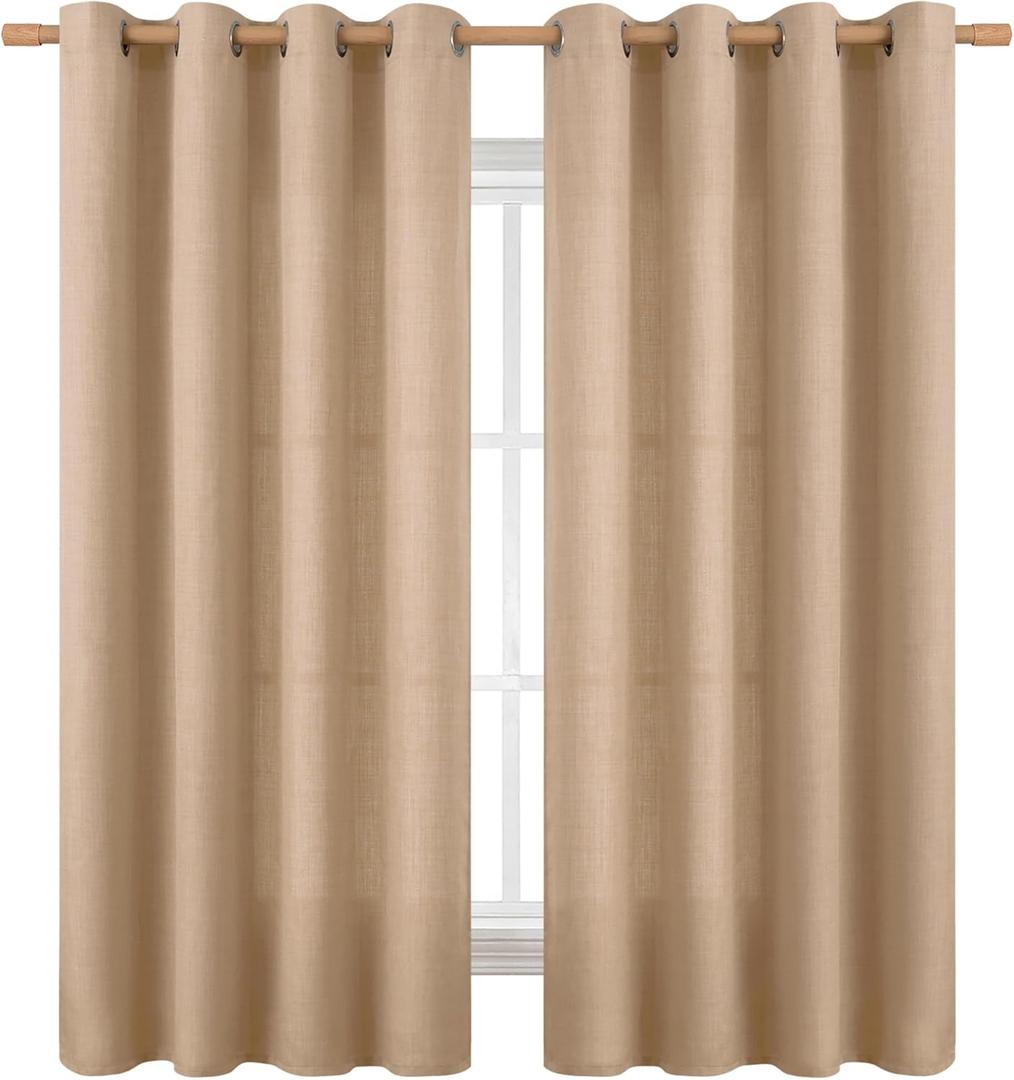 BGment Linen Curtains 63 Inch Length for Living Room, Farmhouse Light Filtering Burlap Textured Grommet Bedroom Window Semi Sheer Curtains, 2 Panels, Each 52 Inch Wide, Tan