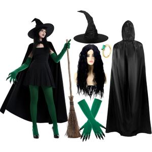 Berlune 7 Pcs Halloween Witch Costume Set for Women Black Witch Hat Cape Black Long Hair Green Gloves Velvet Stockings Rings Movie Halloween Outfit Party Cosplay