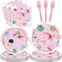96Pcs Pink Space Birthday Party Supplies,include Dessert plate Plate Napkin And Forks,Used for Galaxy Space Planet Astronauts Party Decoration,Serves 24 Guests (Pink Space)