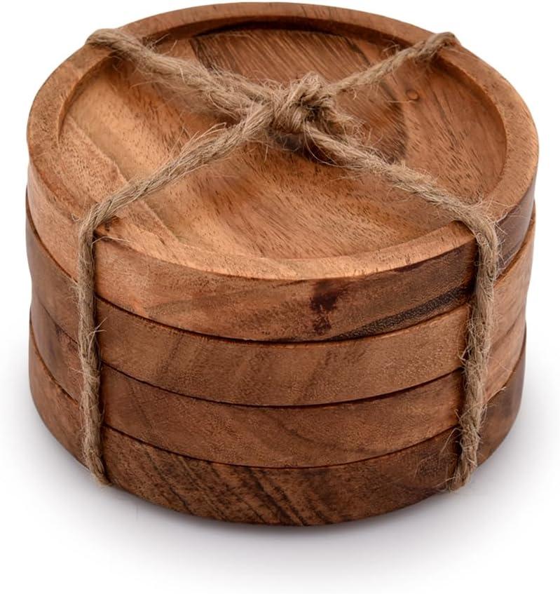 Kaizen Casa Wooden Coasters for Drinks - Natural Acacia Wood Drink Coaster Set for Drinking Glasses, Tabletop Protection for Any Table Type, Set of 4 (Design 2)