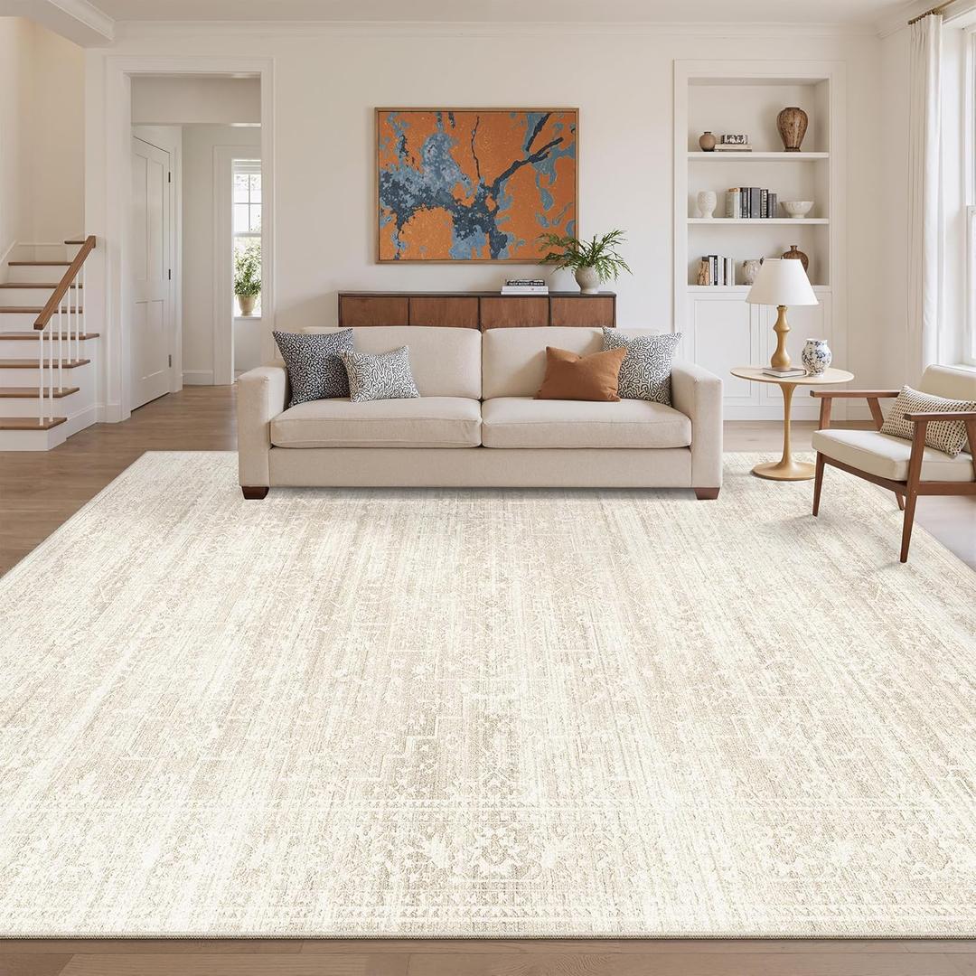 Soalmost 8x10 Area Rugs for Living Room, Washable Vintage Floral Non-Slip Low Pile Natural Rug Soft Throw Large Carpet for Dining Room Bedroom Home Office (Beige/Cream, 8'x10')