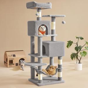 Feandrea Cat Tree, 59.5-Inch Tall Cat Tower, Plush Multi-Level Condo with 5 Scratching Posts, 2 Perches, 2 Caves, Hammock, 2 Pompoms, Light Gray UPCT192W01