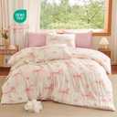 Pink Bow Comforter Set Queen Size - 3 Pieces Pink White Heart Comforter Bedding Sets Reversible Pattern,Queen Bed in a Bag for Girls Comforter and 2 Pillowcases