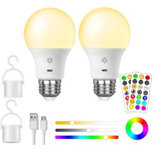 LED Rechargeable Light Bulbs With Remote Touch Dimmable, E26 Battery Operated Light Bulb for Lamps, RGB 12 Colors, 2600mAh USB battery backup Light Bulb With Timer, A19 Small Light Bulbs 2 Pack