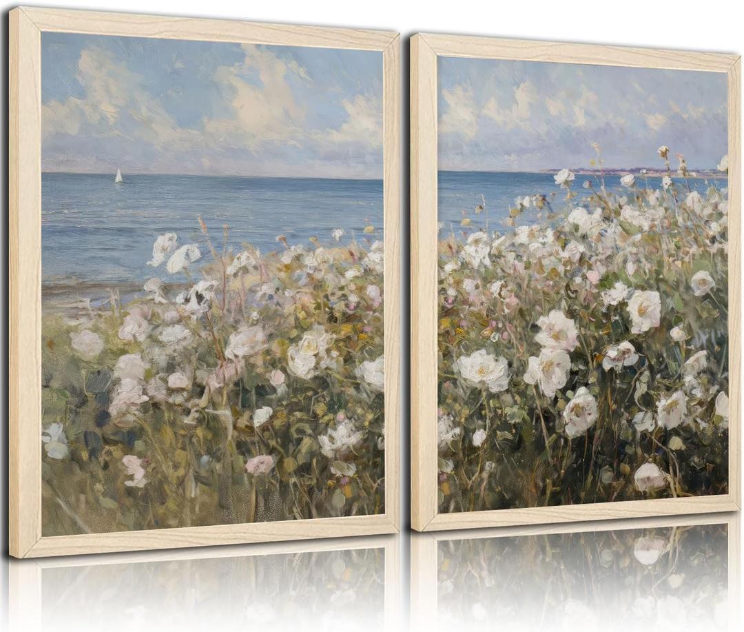 2-Pcs Framed Landscape Wall Art, Coastal Floral Canvas, Beach Scenery Poster Painting For Living Room, Bedroom, Gallery, Home Decor, 16x24 Inches, Ready To Hang (White flowers and sea)