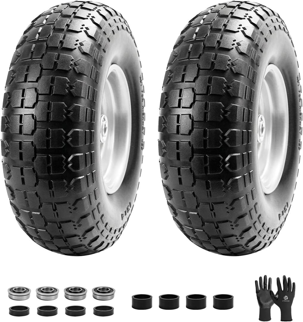 4.00-6 Flat Free Wheelbarrow Tire, 13" Wheelbarrow Wheels and Tires with 5/8" or 3/4" Bearings, 1.75" Centered Hub for Garden Carts, Hand Truck Replacement Wheel(2 PCS)