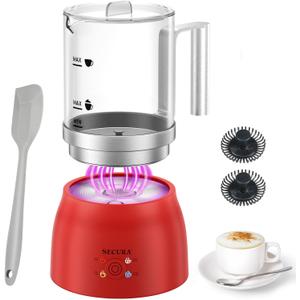 Secura Detachable Milk Frother and Steamer, 17oz Electric Milk Warmer 4-in-1 Hot/Cold Foam Maker, Teflon-Free and Non-Stick Coating-Free Glass Milk Jug, Dishwasher Safe for Latte, Hot Chocolate (Red)