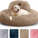 PetJett Calming Large Dog Bed - 36'' Donut Dog Beds, Anti-Slip & Washable Large Round Bed, Fluffy Faux Fur Pet Bed, Super Soft Anti-Anxiety Premium Comfort Bed, Fits Dogs up to 100 lbs - Beige