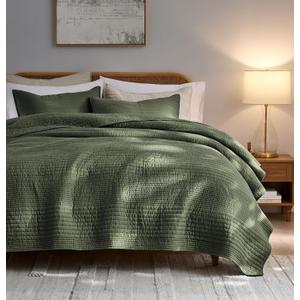 palassio Striped Olive Green 100% Cotton Quilt King Size Bedding Sets, Lightweight Crinkly Channel Pick Stitch Textured Bedspread Soft Shabby Chic Farmhouse Country Coverlet for All Season, 2 Shams