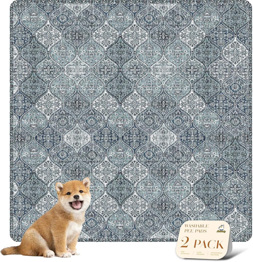 nunubaby Washable Pee Pads for Dogs, Stylish, Non-Slip and Leak-Proof Pee Pads. Reusable Potty Pads for Dogs for Crates and Floors.(Blue/Multi, 48" x48" )