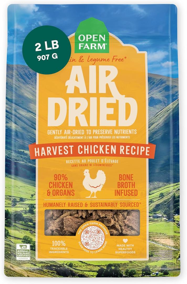 Open Farm, Air Dried Dog Food Infused with Bone Broth, Grain & Legume Free, Complete Meal or Food Topper, Harvest Chicken Recipe, 2lb Bag (2 Pound (Pack of 1)), EXP 10/28/2026