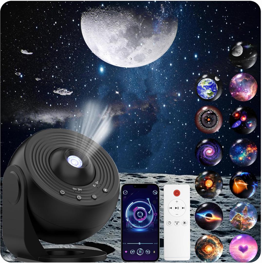 Galaxy Projector for Bedroom Pro Version, HD 12 in 1 Film Discs Star Projector with Bluetooth Galaxy Light, Planetarium Projector with Timer, White Noise, 360 Rotation, Remote Control Black