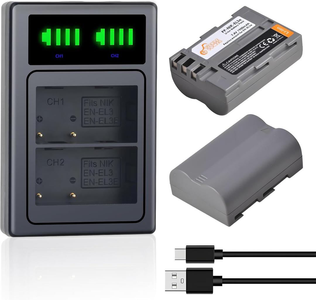 Pickle Power EN-EL3e Battery 2-Pack and LED Dual Charger for Nikon D90, D80, D70, D70s, D50, D100, D200, D300, D300S, D700 Digital SLR Cameras