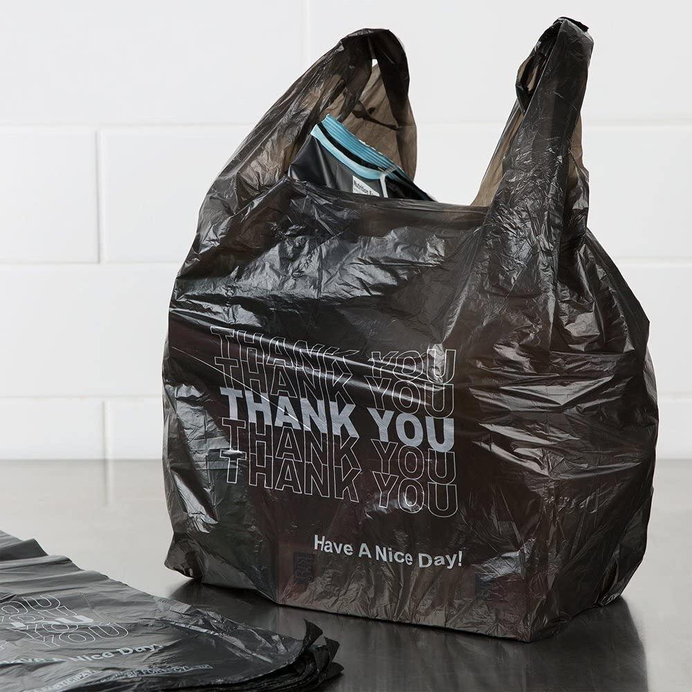 Plastic Bag-Black Plain T-Shirt Bag 11.5"x6.5"x21.5" (Black Thank You, 300)